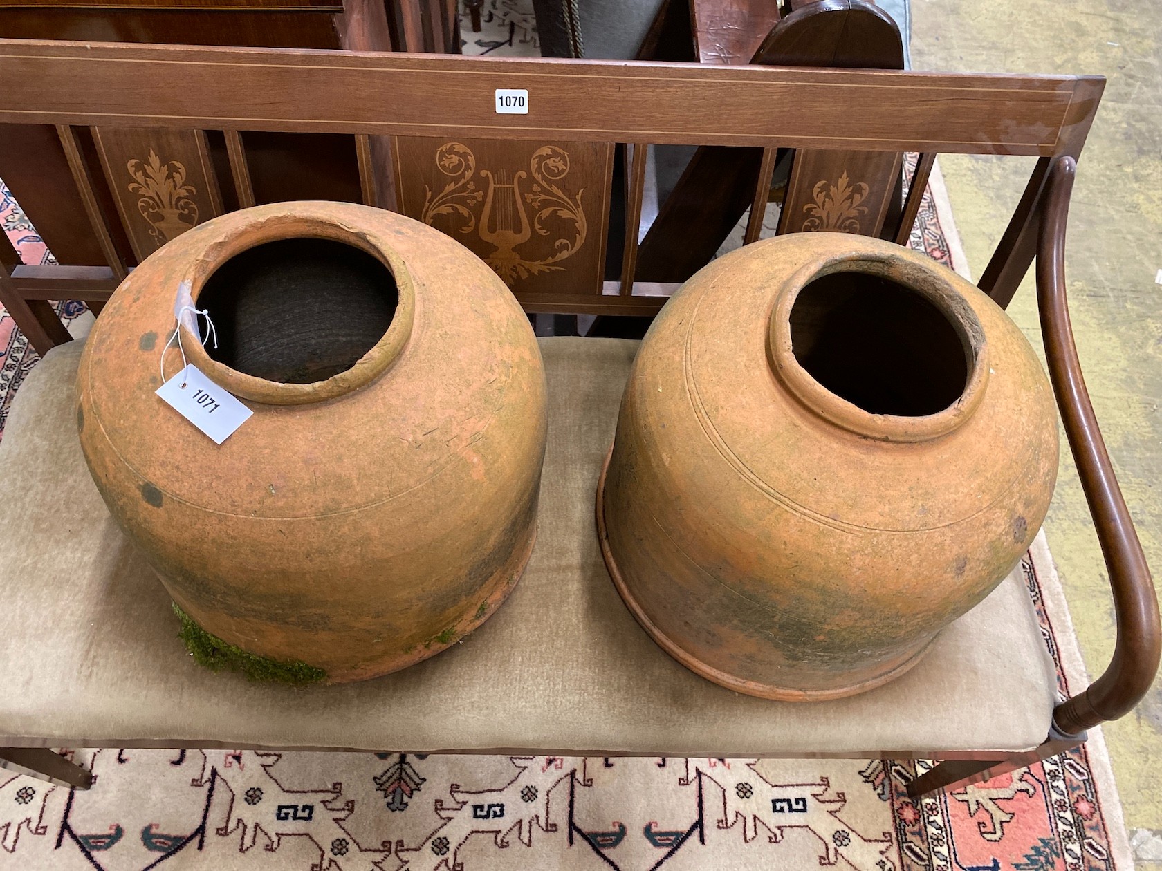 A pair of vintage terracotta rhubarb pots, diameter 41cm, height 35cm